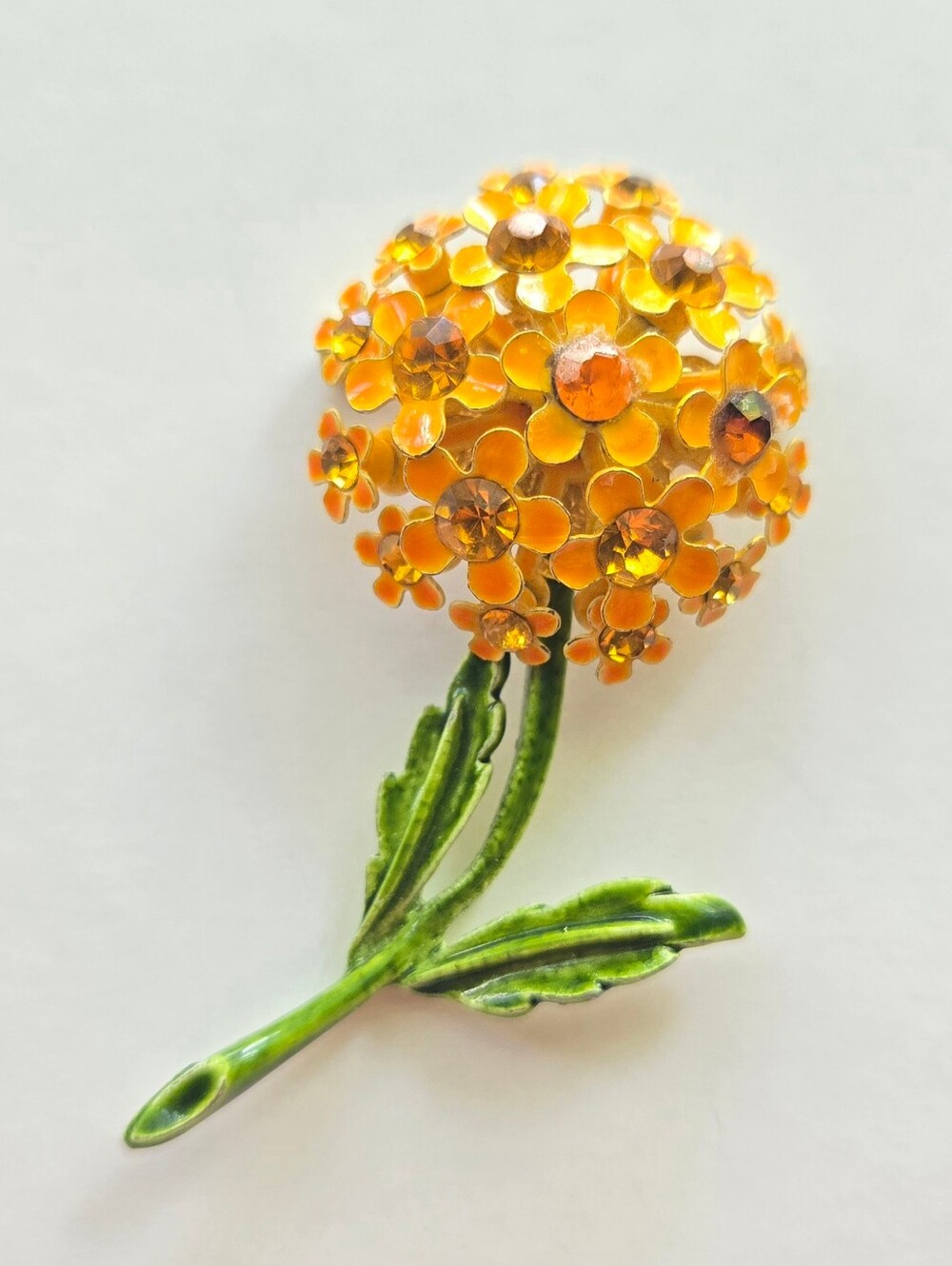 Vintage Mid Century Metal Enamel Flower Brooch Clustered Yellow w/ Rhinestones